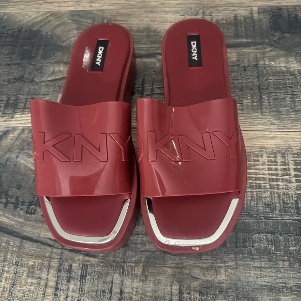 DKNY Burgundy Slide Sandals with Silver Detail